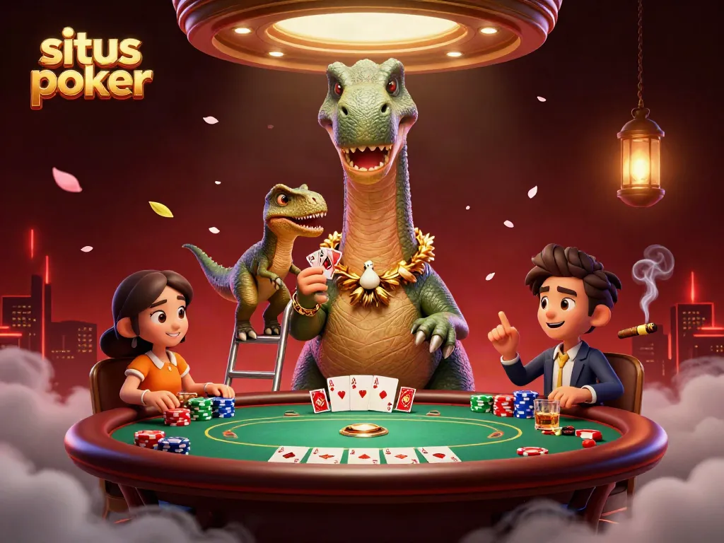 Permainan situs poker dengan karakter kartun dinosauras dalam kasino, menunjukkan meja poker dan tumpukan chip.