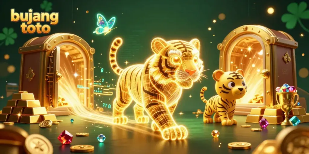 Engage with bujang toto featuring a glowing tiger in a vibrant casino scene with riches and holographic details.