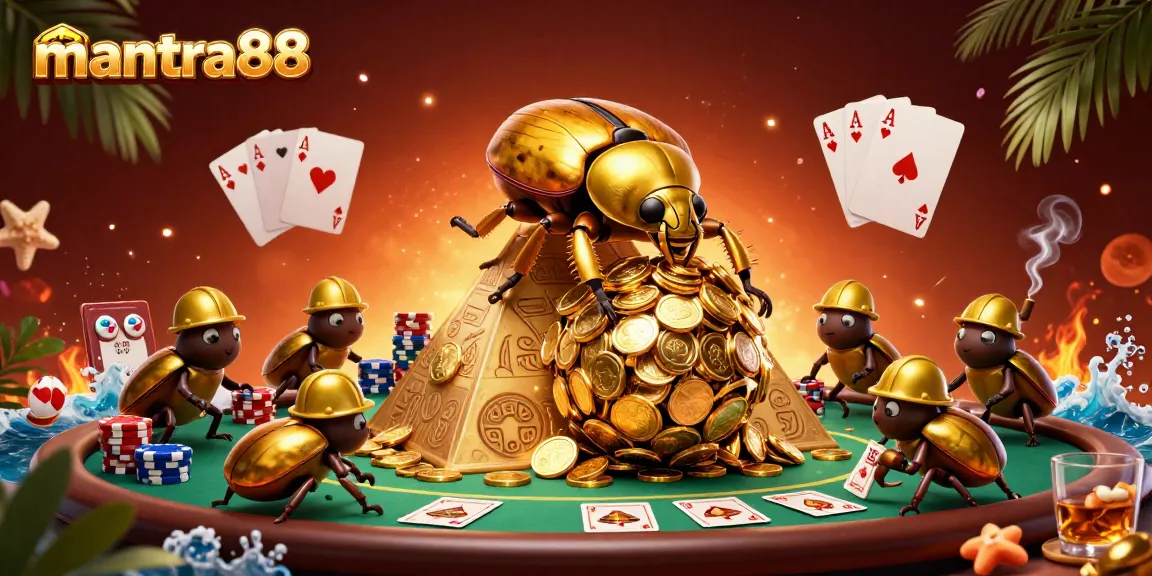 Experience the thrill of mantra88 with a vibrant casino-themed scene featuring a golden beetle rolling coins.