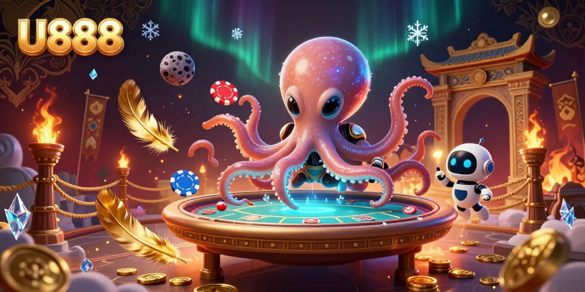 Engage with U888's vibrant casino experience featuring an alien octopus at a holographic poker table.