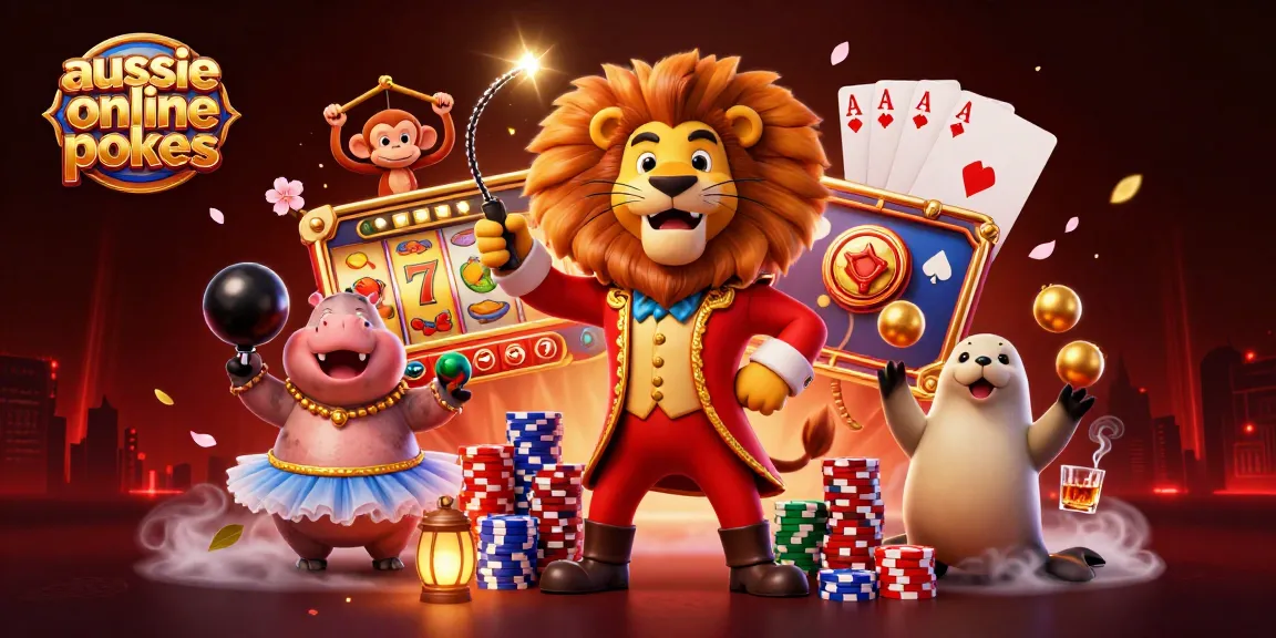 Aussie online pokies scene featuring dynamic circus characters surrounded by slot game elements.