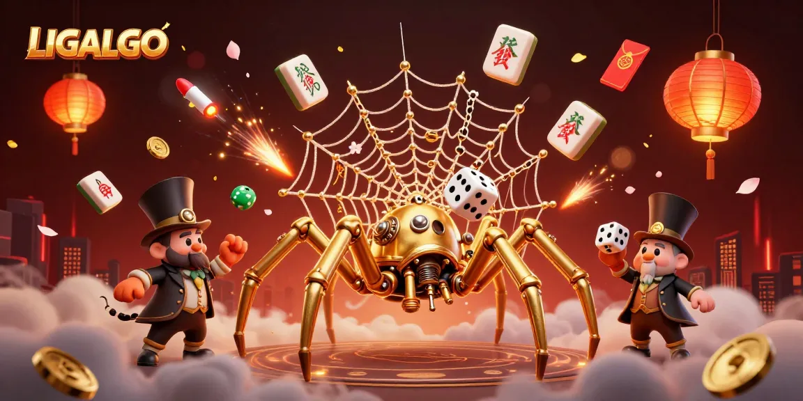 LIGALGO's vibrant 3D casino world showcases a steampunk spider with golden chains, immersive gambling elements, and festive decorations.