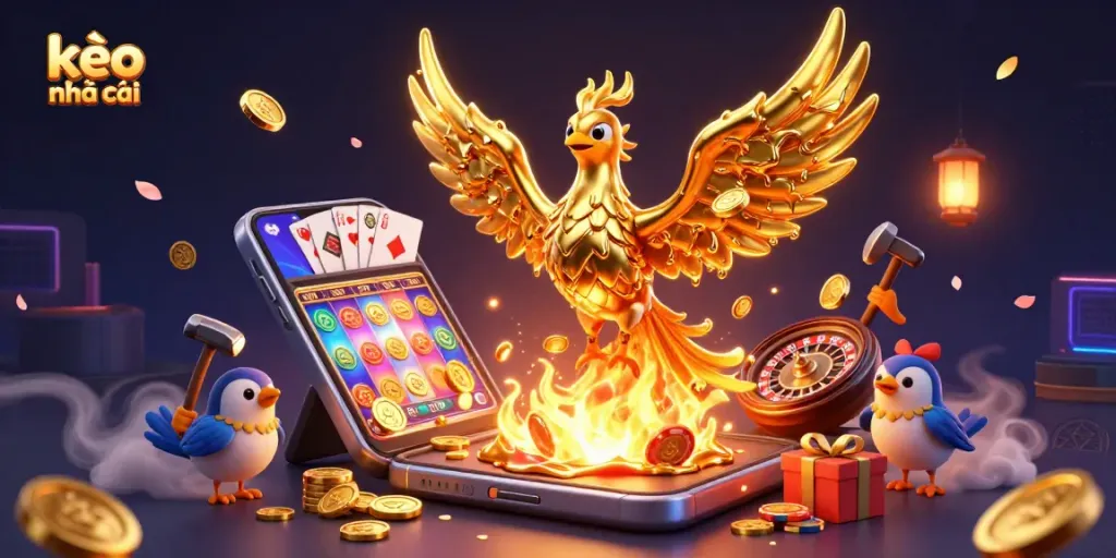 Engage with kèo nhà cái in an immersive 3D illustration of a molten phoenix surrounded by vibrant casino elements.