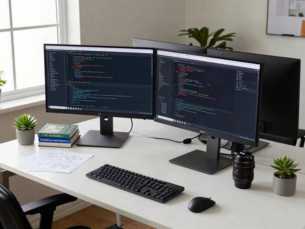 Workspace pengembang software Server PG dengan alat modern dan pencahayaan alami.