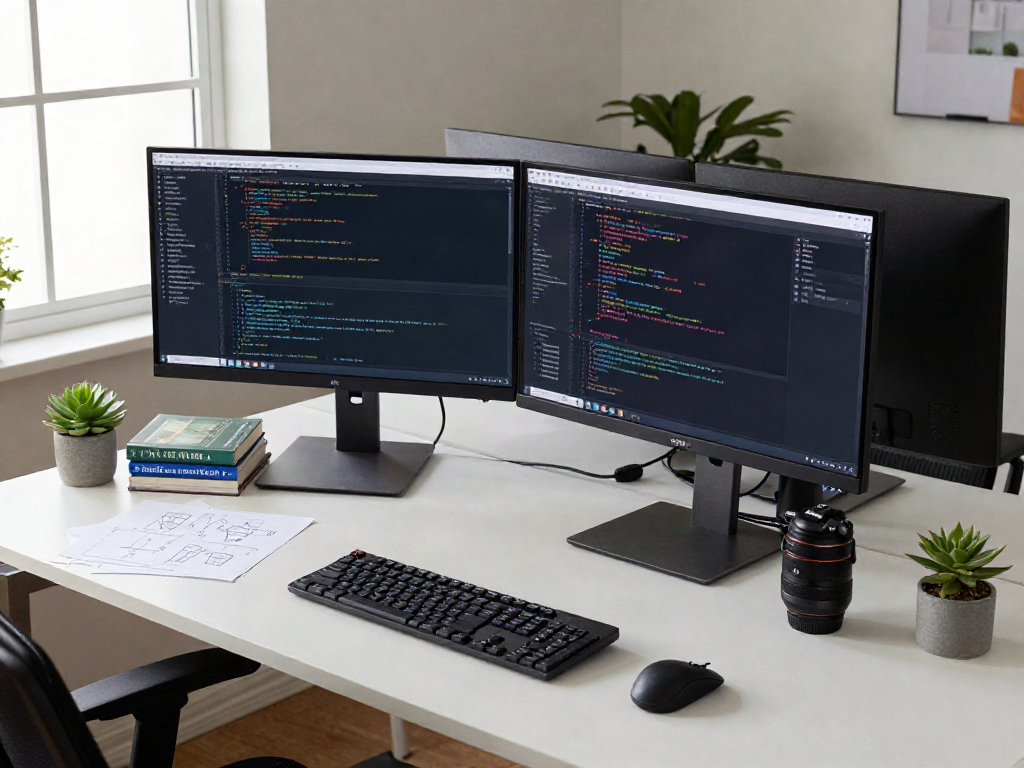 Workspace pengembang software Server PG dengan alat modern dan pencahayaan alami.