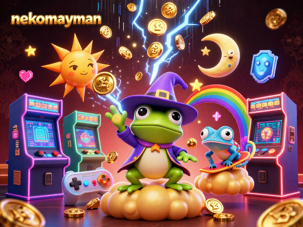 Experience exciting gameplay with nekomayman as golden coins cascade around colorful gaming characters.