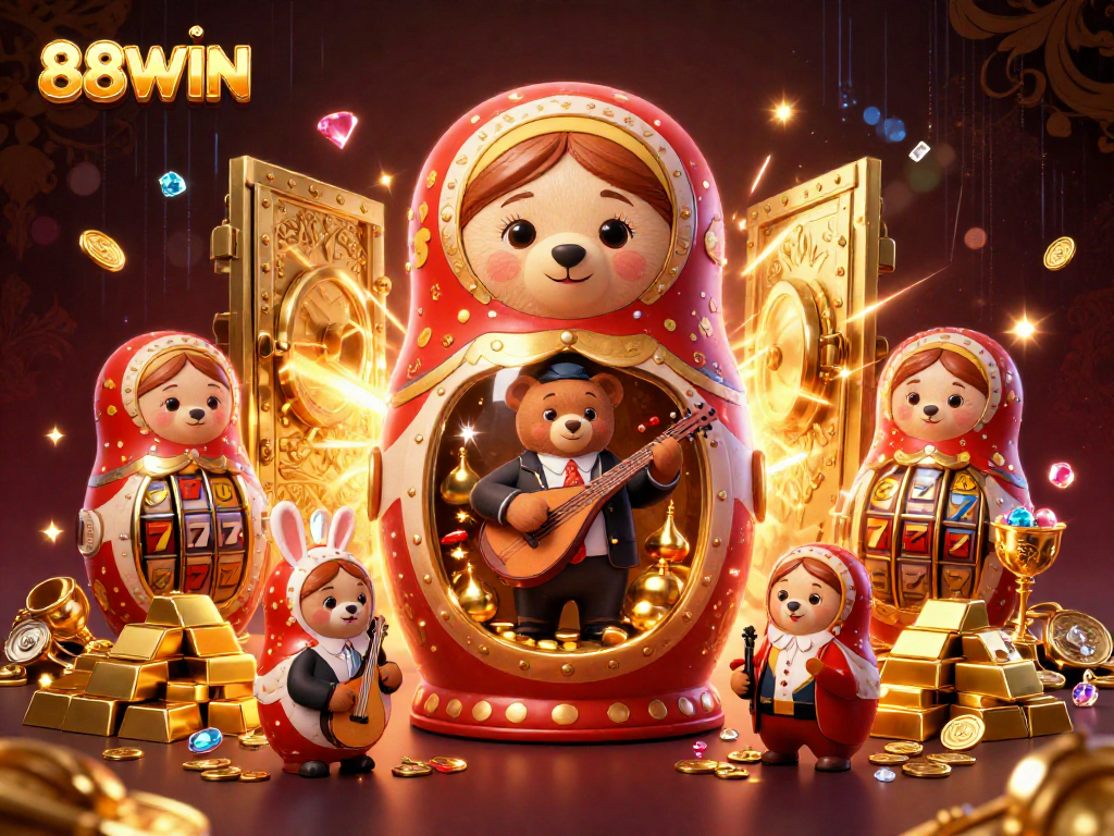 Experience the thrill of 88WIN with vibrant casino characters and dazzling treasures in a dynamic illustration.