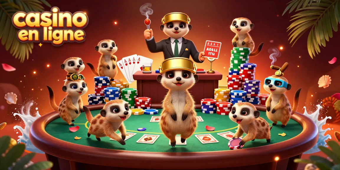 Les meerkats gèrent un casino en ligne dynamique avec des éléments de poker et des jetons colorés.
