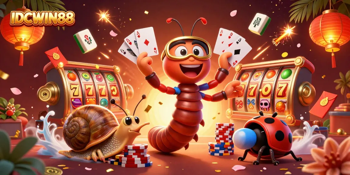 Experience winning strategies at IDCWIN88 with exciting slot games and vibrant illustrations of casino elements.