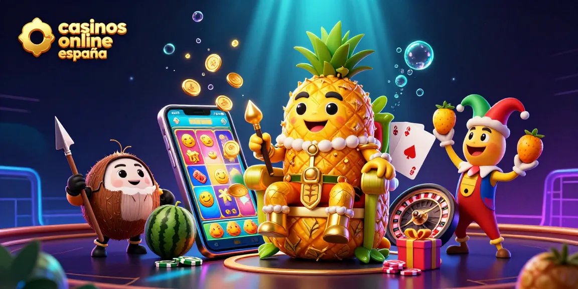 Imagen ilustrativa de casinos online en España con un rey piña dorado y elementos de juego vibrantes.