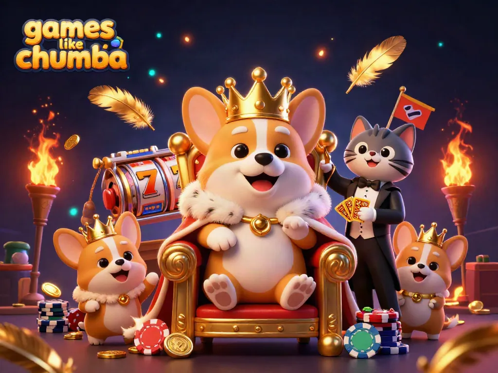 Play engaging games like Chumba with a vibrant casino-themed 3D scene featuring corgis.