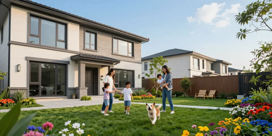 Família aproveitando o espaço no quintal da casa da woningunie, com flores e um céu azul.