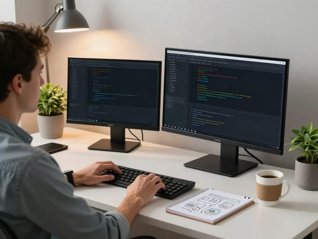 Developer using v2rayN in a modern workspace with coding on dual monitors.