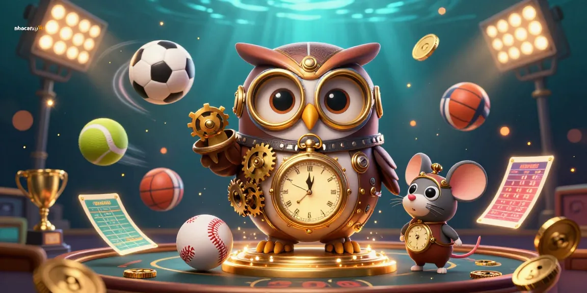 Experience vibrant gaming action with nhacaiuytin as a time-traveling owl and vintage casino elements create excitement.