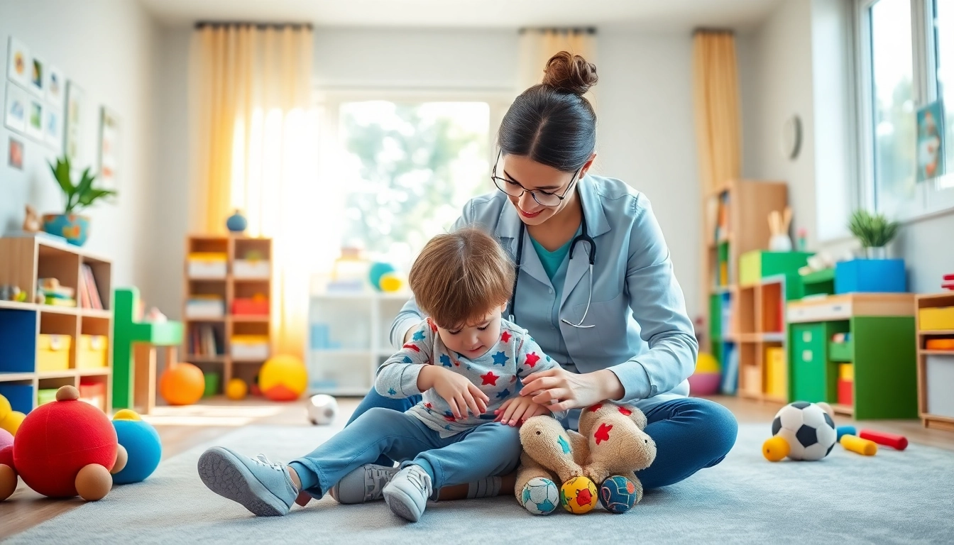 Illustration depicting What is ABA therapy, a therapist engaging a child in a colorful therapy environment.