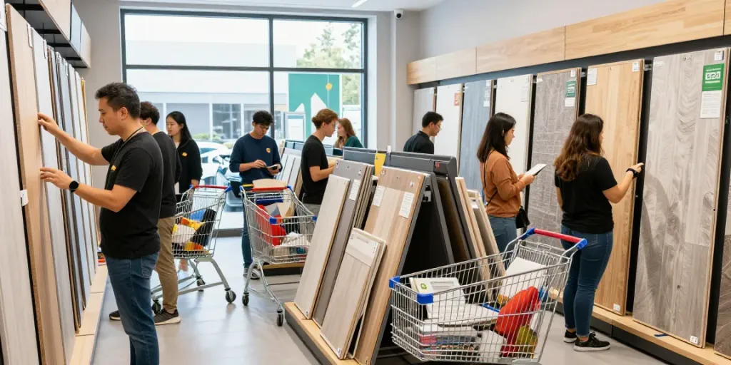 Shopsmart eco-friendly shopping experience with customers exploring high-quality flooring solutions.