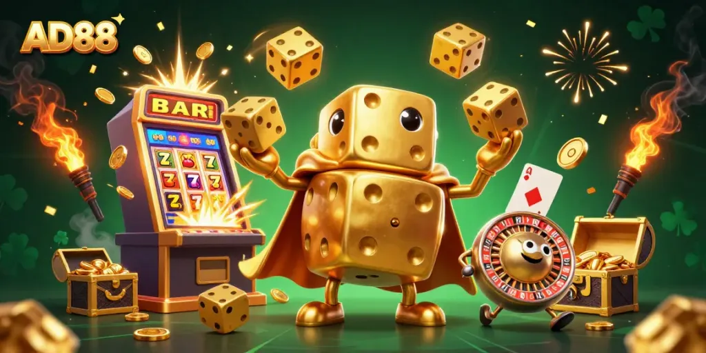 Join AD88's thrilling casino adventure with golden dice and jackpot excitement in a vibrant illustration.