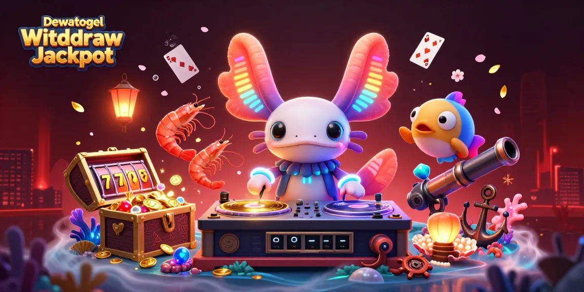 Dewatogel Withdraw Jackpot scene with neon axolotl DJ and vibrant slot game elements.