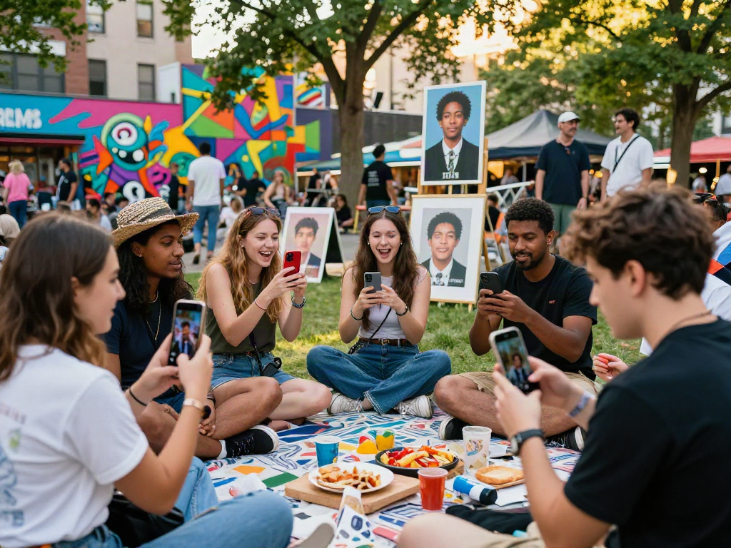 Candid moment of friends comparing celebrities that look alike photos in a vibrant city park