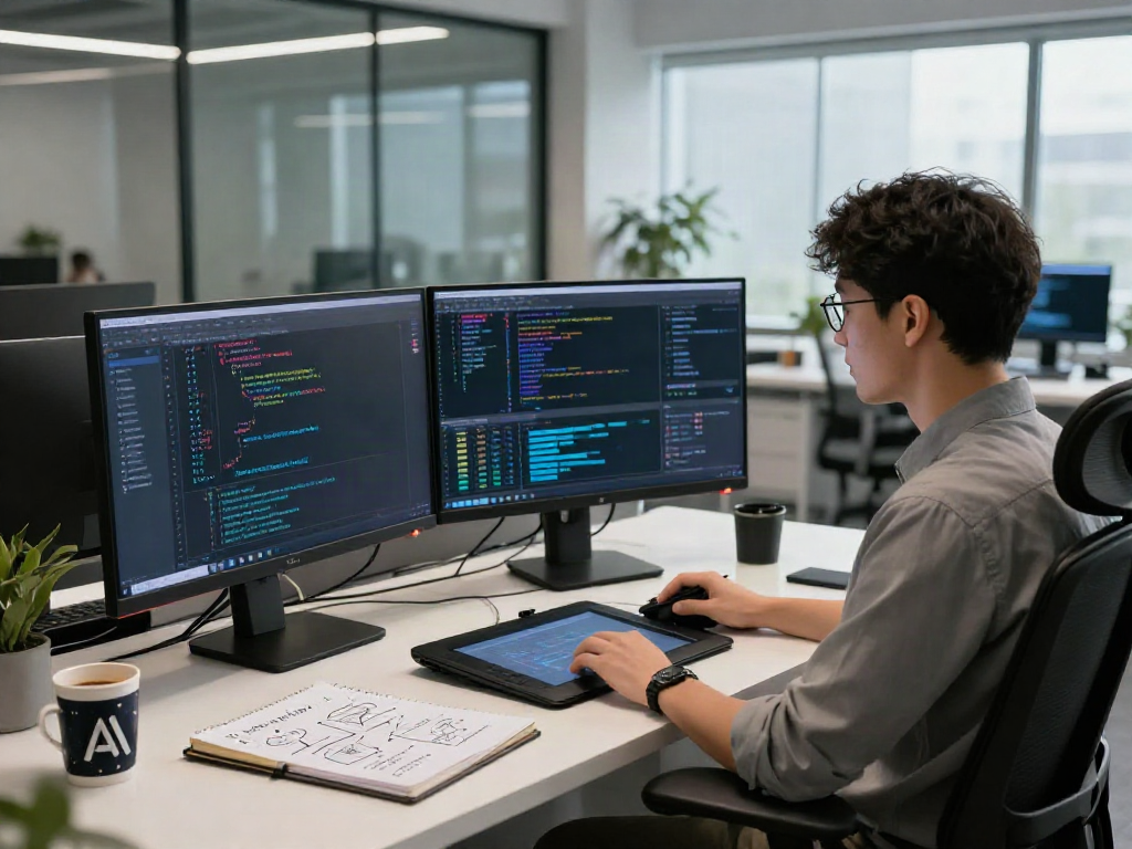 AI Detection software development scene with data scientist analyzing algorithms and data visualizations in a modern workspace.