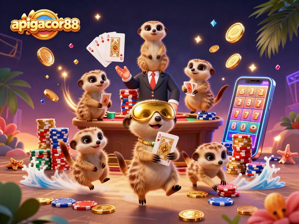 Engage with apigacor88's vibrant casino scene featuring animated meerkats, dynamic slot reels, and golden prizes.