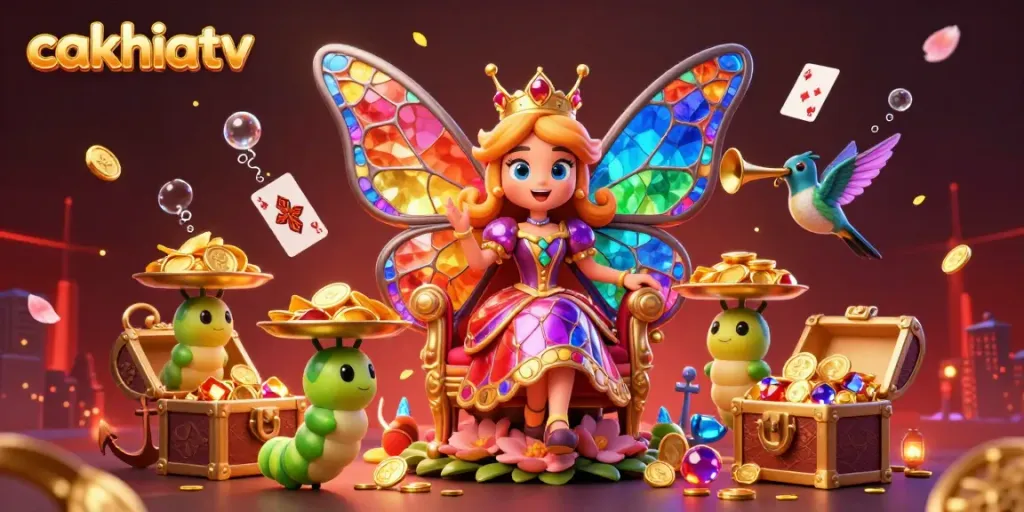 Engage with the energetic scene of cakhiatv, featuring a queen with stunning stained-glass wings amid dynamic casino elements.