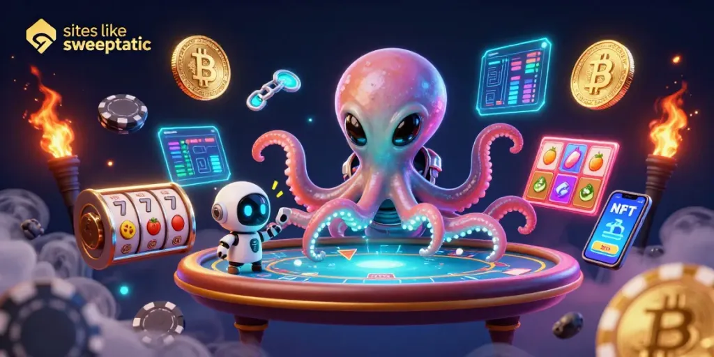 Play with exciting slots and chances to win at sites like sweeptastic with our unique casino-themed illustration.