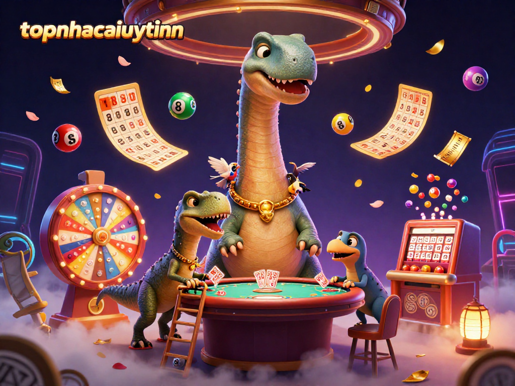 Engage with topnhacaiuytinn's colorful lottery-themed 3D scene featuring dynamic elements and gambling excitement.