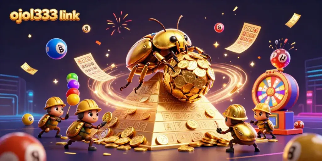 Engage in fun with ojol333 link as golden beetles roll coins amidst colorful lottery elements.
