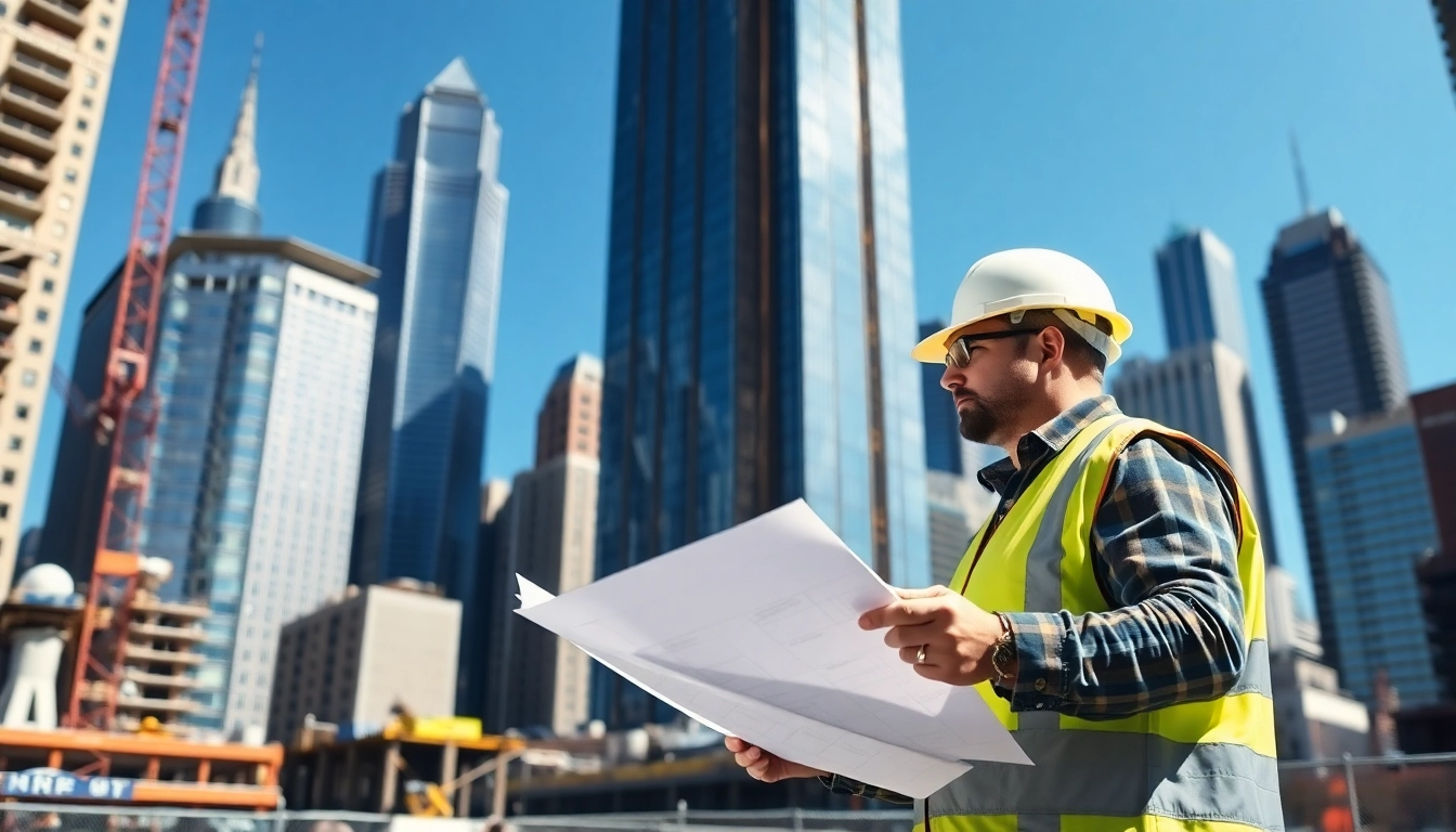 New York Construction Manager reviewing blueprints on a busy construction site in NYC.