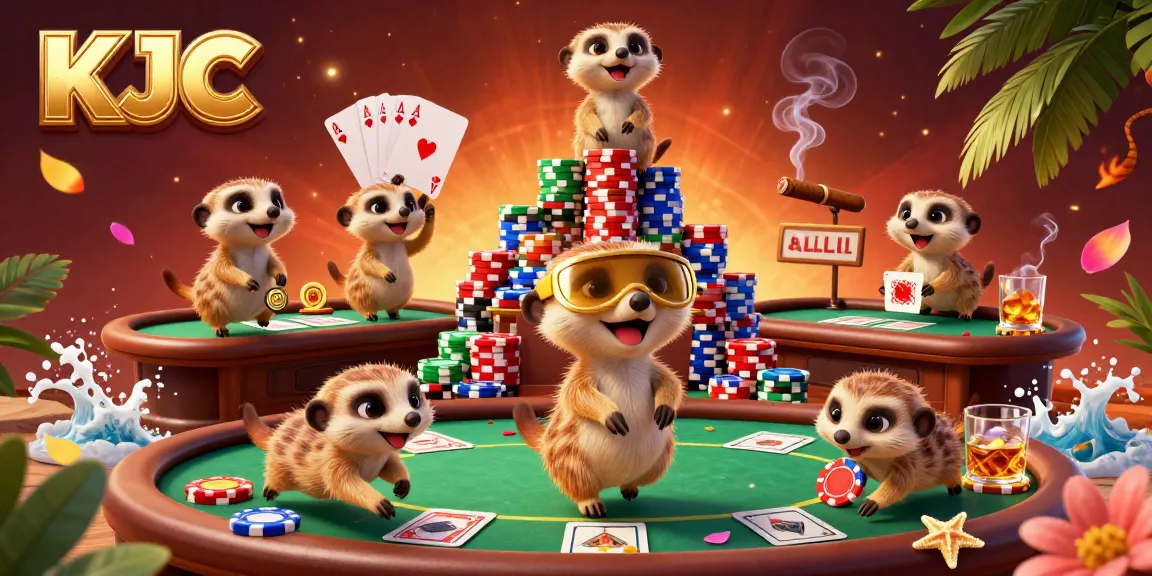 KJC meerkats operate a lively casino, showcasing poker tables, colorful chips, and dramatic gameplay.