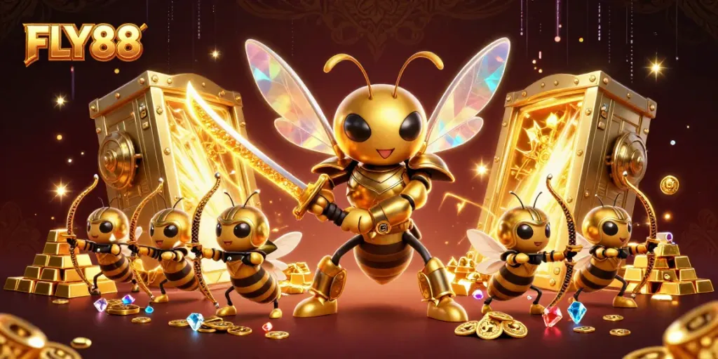 FLY88 engages players with a vibrant 3D illustration of a golden hornet samurai in an energetic casino environment.
