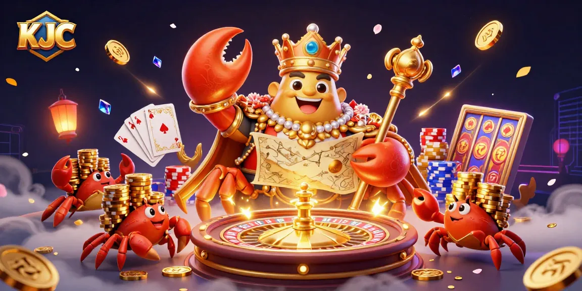 Engage with KJC's vibrant casino world featuring golden crab emperor amidst spinning roulette and rich poker elements.