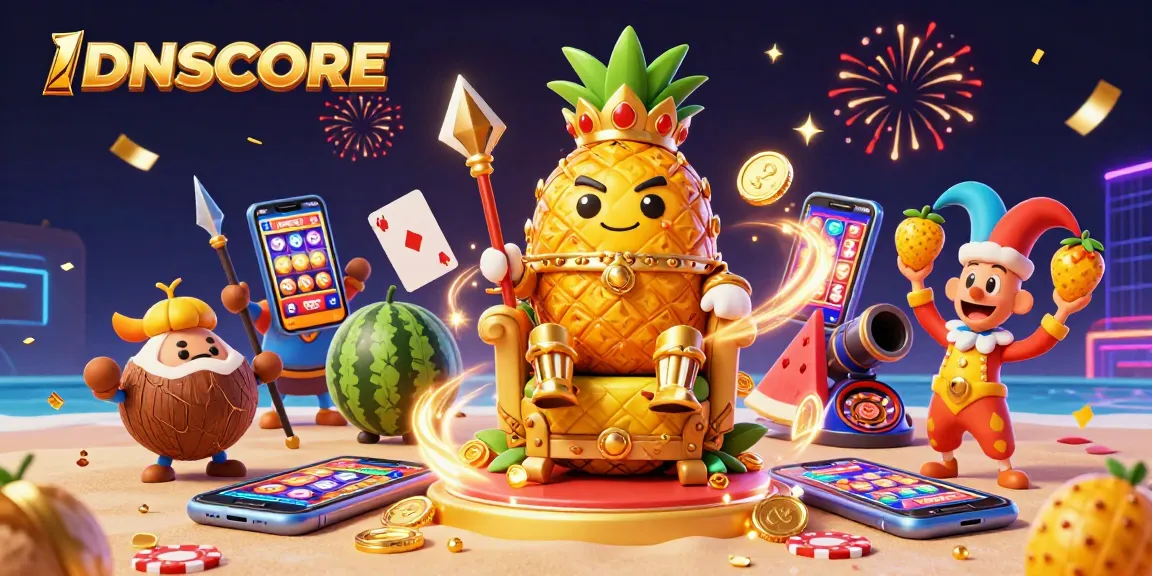 Join the fun at IDNSCORE with vibrant slots, golden coins, and tropical characters at a beach casino.