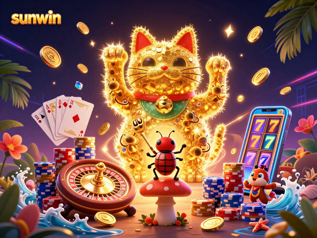 Experience the vibrant world of sunwin with a dynamic lucky cat made of fireflies in a dazzling casino setting.