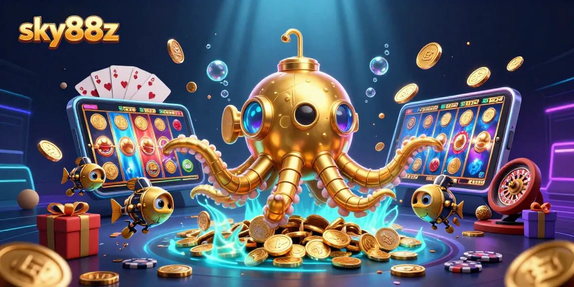 Engage with the thrilling world of sky88z, featuring a kraken submarine amongst golden coins in a colorful casino scene.