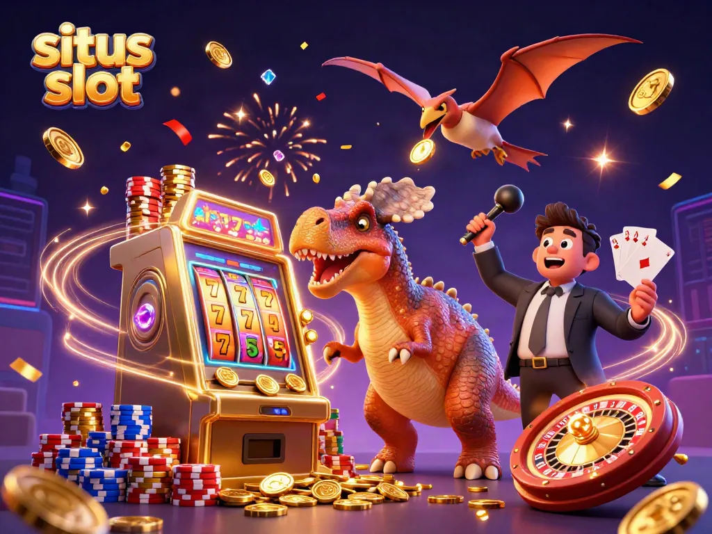 Slot online situs slot dengan karakter dinosaurus menang jackpot dan koin terbang.