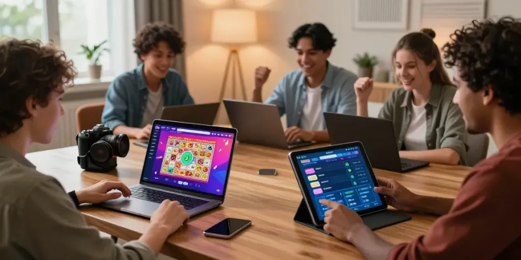 Engaged players enjoying hargatoto lottery platform on multiple devices.
