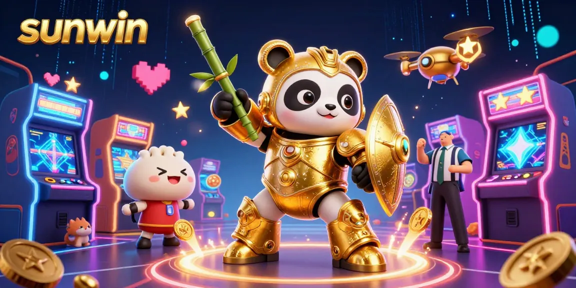 Immerse yourself in sunwin gaming, where a mech-suit golden panda fights among colorful arcade elements.