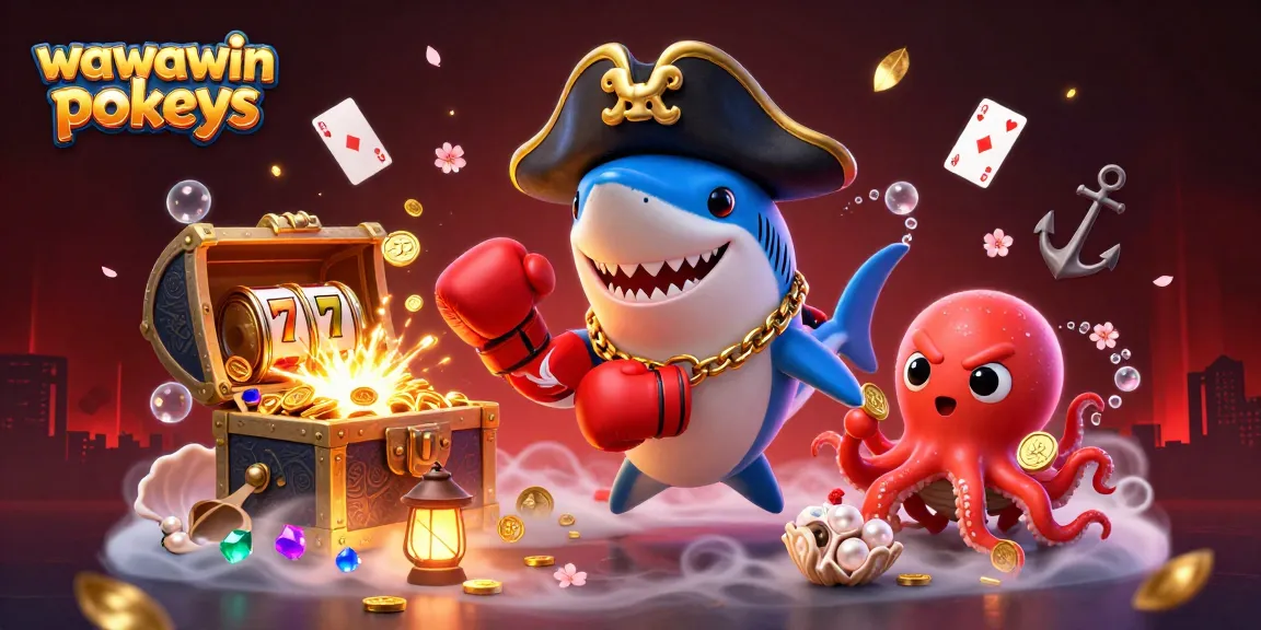Experience thrilling wawawin pokies with a lively pirate shark, pufferfish, and octopus in a vibrant gaming scene.