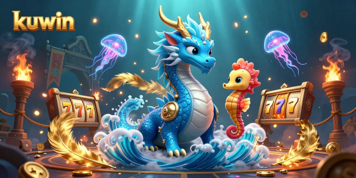 Kuwin players spin the reels surrounded by a vibrant underwater world with a dragon and sea creatures.