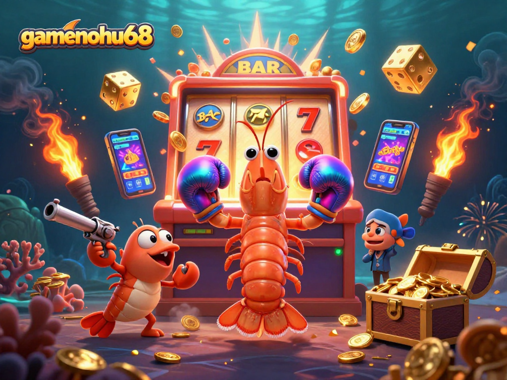 Experience the thrill of gaming with gamenohu68 as animated characters celebrate a jackpot win in a vibrant casino scene.