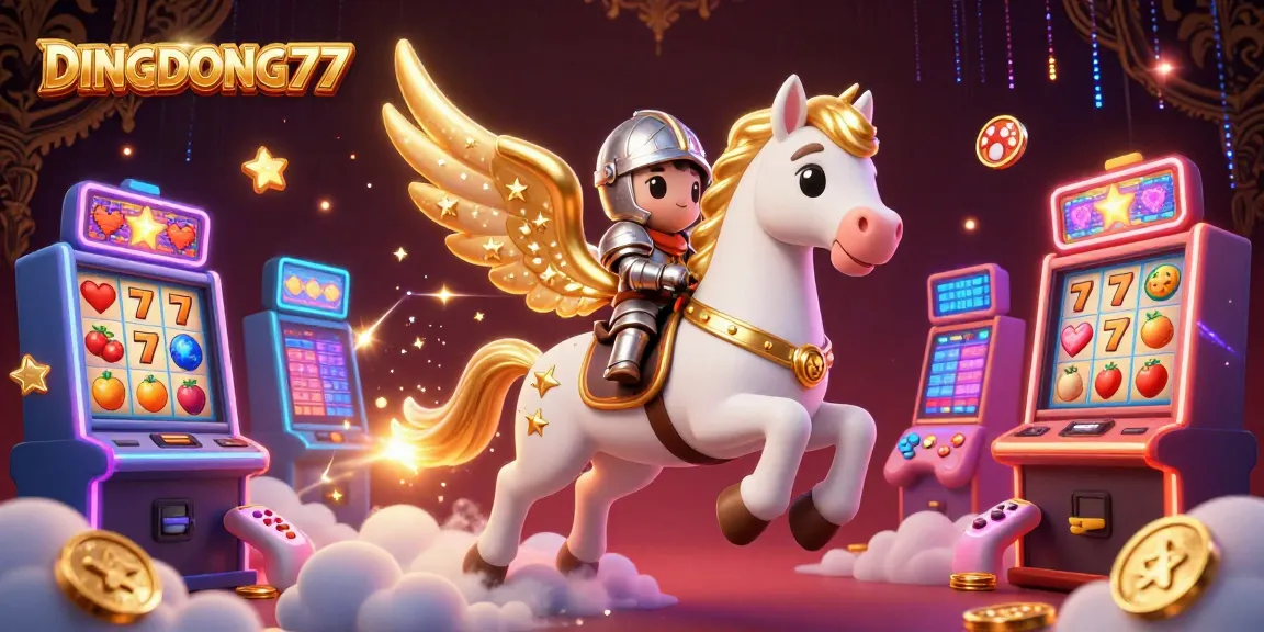 DINGDONG77 captures thrilling jackpot excitement with vibrant slot machines and a celestial character.