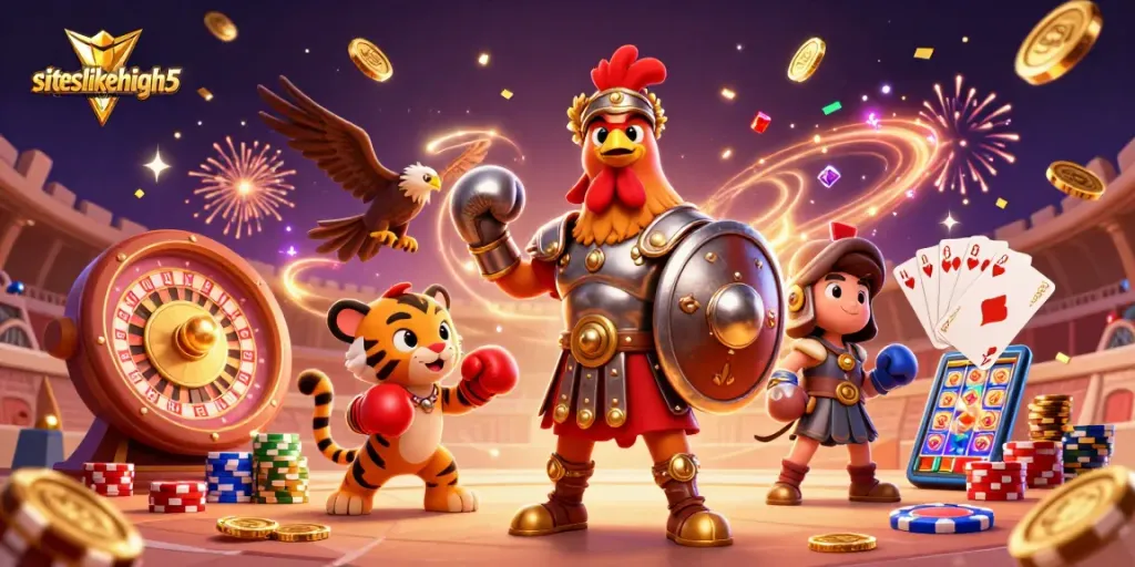 Play thrilling games at siteslikehigh5casino with a fun-filled illustration of characters and casino elements.