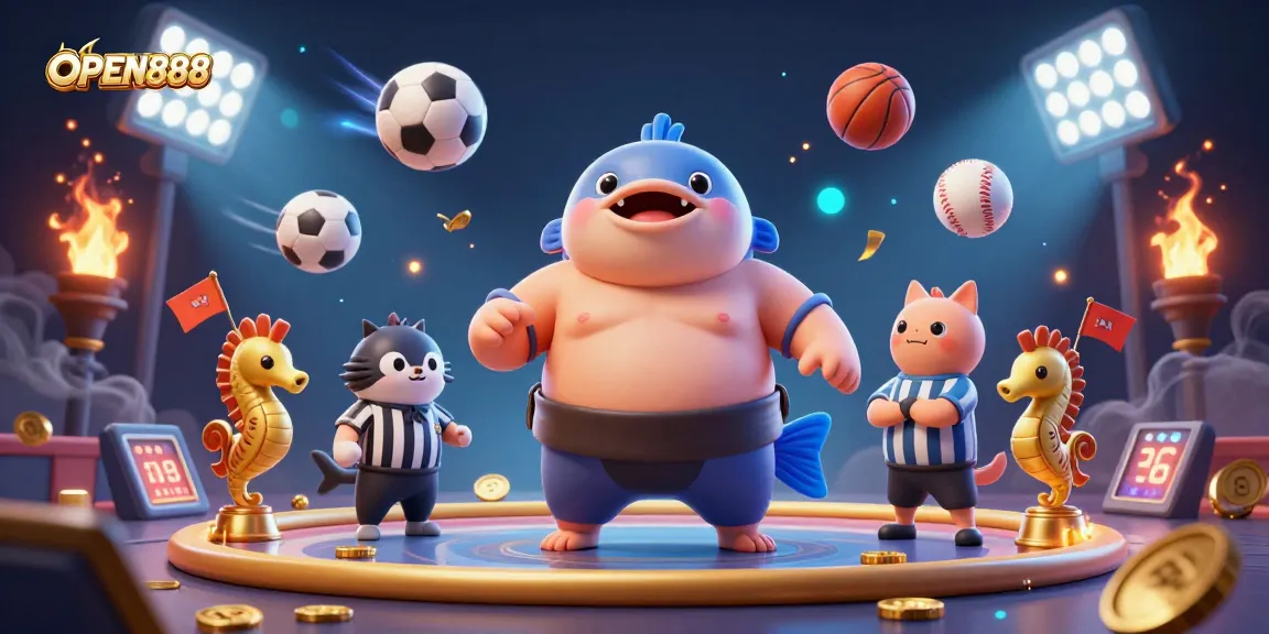 Engage with the action of OPEN888 as the fugu takes center stage in this animated sports betting scene.