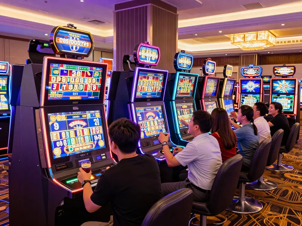 Permainan slot777 di kasino Asia yang ramai dan penuh warna.