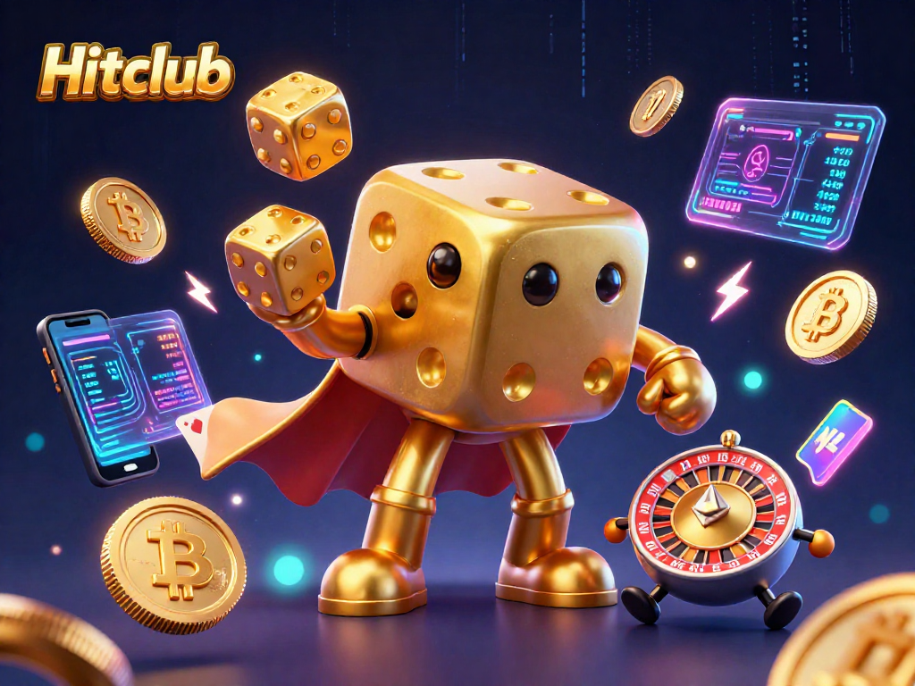 Hitclub showcases a golden dice golem juggling coins in a vibrant 3D casino scene.