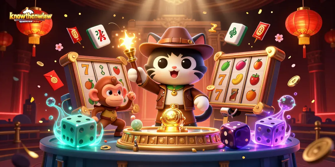 Experience the thrill of knowthenewlaw with a cartoon explorer cat uncovering casino artifacts amidst dazzling slot game elements.