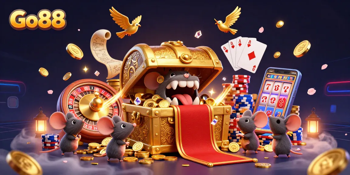Engage with Go88's vibrant casino scene featuring a dynamic treasure chest and gold coins.