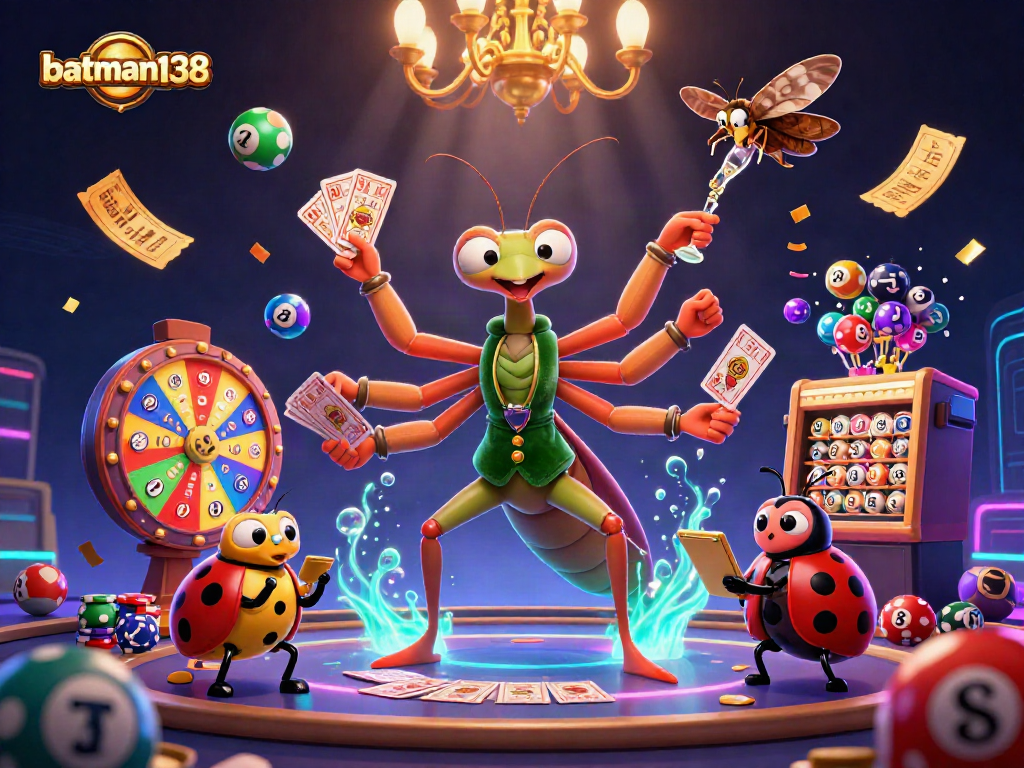 Engage with batman138's vibrant scene featuring a playful praying mantis dealer and dynamic lottery elements.
